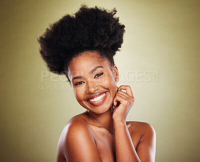 Buy stock photo Beauty, skincare and smile of black woman with natural hair or afro on green studio background for health and wellness of skin and body. Portrait of model happy about cosmetic, makeup and dermatology