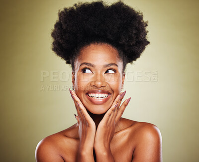 Buy stock photo Black woman, afro hair or thinking of exciting ideas on green studio backgroud of healthcare wellness, self love or skincare. Smile, happy or inspired beauty model, natural hair or makeup cosmetics