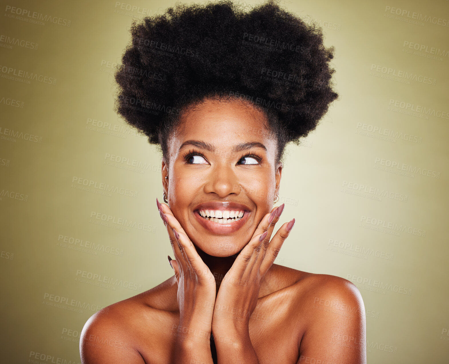 Buy stock photo Black woman, afro hair or thinking of exciting ideas on green studio backgroud of healthcare wellness, self love or skincare. Smile, happy or inspired beauty model, natural hair or makeup cosmetics