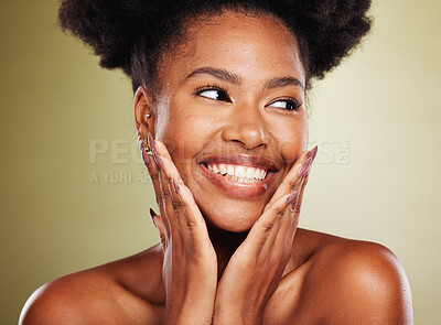 Buy stock photo Face beauty, skincare and black woman in studio on a green background. Aesthetics, makeup and happy female model from Nigeria touching skin or thinking about cosmetics for health or facial wellness

