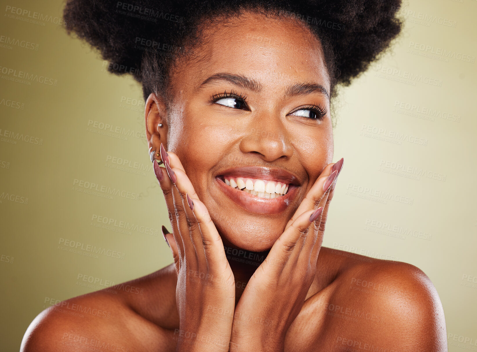 Buy stock photo Face beauty, skincare and black woman in studio on a green background. Aesthetics, makeup and happy female model from Nigeria touching skin or thinking about cosmetics for health or facial wellness

