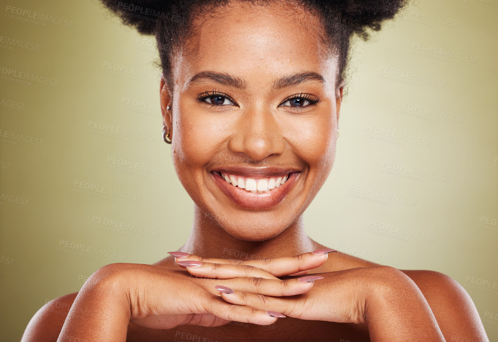 Buy stock photo Skincare, beauty and portrait of a black woman on green background with cosmetics, makeup and dermatology for skin with a glow. African, model with a smile and natural hair for self love mock up