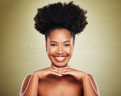 Buy stock photo Black woman, hands and smile for skincare beauty, cosmetics or makeup against a studio background. Portrait of African American female model smiling in satisfaction for perfect facial skin treatment