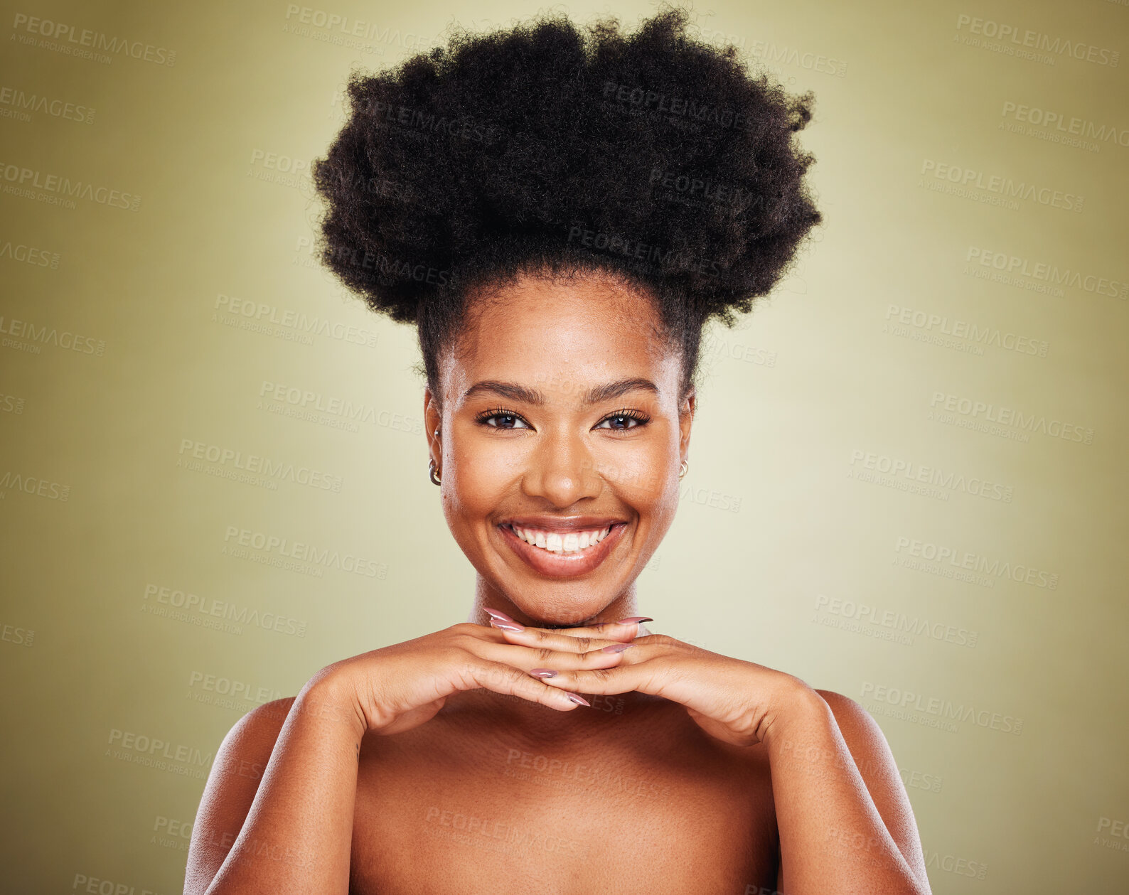 Buy stock photo Black woman, hands and smile for skincare beauty, cosmetics or makeup against a studio background. Portrait of African American female model smiling in satisfaction for perfect facial skin treatment