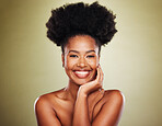 Black woman, afro hair or skincare glow on studio background for natural hair promotion, self love or empowerment. Portrait, smile or happy beauty model with makeup cosmetics on green mockup backdrop