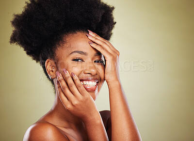 Buy stock photo Beauty, skincare and hands on face of black woman for cosmetics, spa and makeup. Luxury, wellness and natural with portrait of girl model for self love, dermatology and facial in studio background