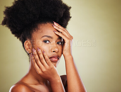 Buy stock photo Skincare, portrait and beauty black woman in studio with facial, natural hair and manicure for cosmetics, makeup or wellness mockup. African model face, hands and headshot for salon or skin marketing