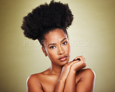 Buy stock photo Skincare, natural beauty and black woman in studio portrait for cosmetics, makeup and youth wellness with skin shine or glow. Young, african woman model with headshot, face and dermatology marketing
