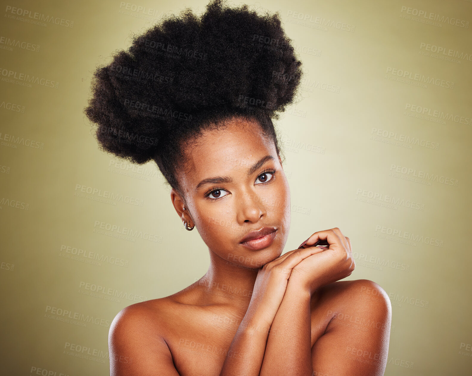 Buy stock photo Skincare, natural beauty and black woman in studio portrait for cosmetics, makeup and youth wellness with skin shine or glow. Young, african woman model with headshot, face and dermatology marketing