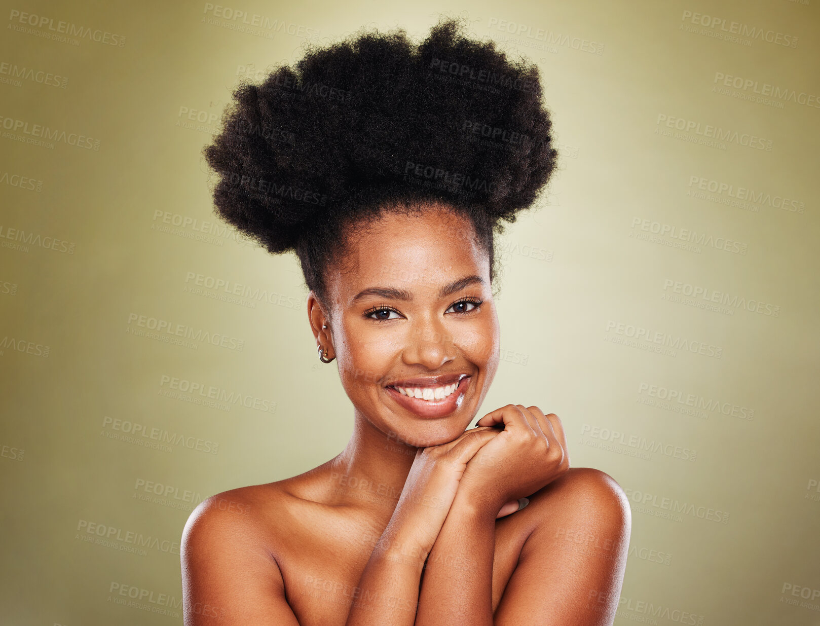 Buy stock photo Black woman afro, beauty and smile for skincare cosmetics or makeup against a studio background. Portrait of African American female face smiling with teeth in satisfaction for facial skin treatment