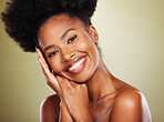 Happy, portrait or black woman for skincare, beauty or model with afro in studio for facial, skin or health. Smile, portrait or makeup for natural girl in facial wellness, cosmetics or lifestyle