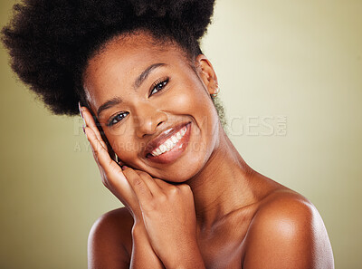Buy stock photo Happy, portrait or black woman for skincare, beauty or model with afro in studio for facial, skin or health. Smile, portrait or makeup for natural girl in facial wellness, cosmetics or lifestyle