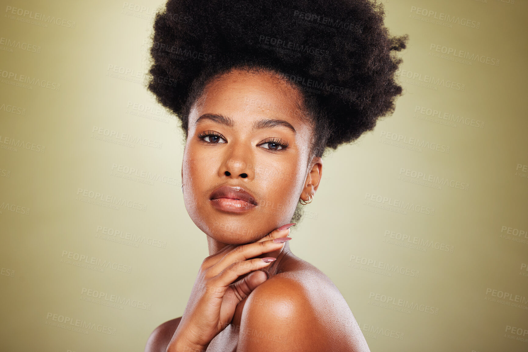 Buy stock photo Black woman, portrait and beauty with skincare, hair care and cosmetic makeup in studio background. Model, afro and aesthetic with skin wellness or cosmetics for healthy facial texture and hygiene