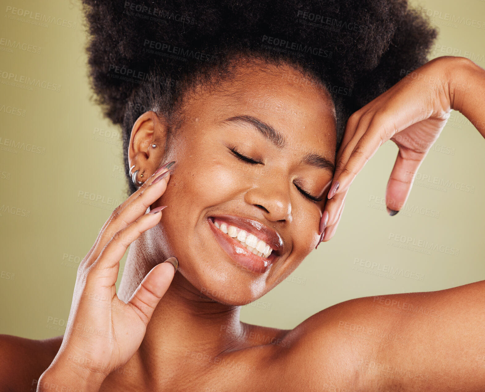 Buy stock photo Smile, portrait or happy black woman in studio for skincare advertising, facial wellness or skin glow.  Facial, natural makeup or girl with afro for cosmetics, health wellness or cheerful lifestyle