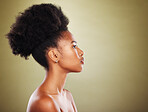 Black woman, hair and sideview in studio for beauty, hair care and wellness with skin glow, shine and radiant. Natural african model, afro woman and cosmetic makeup on face by  studio background