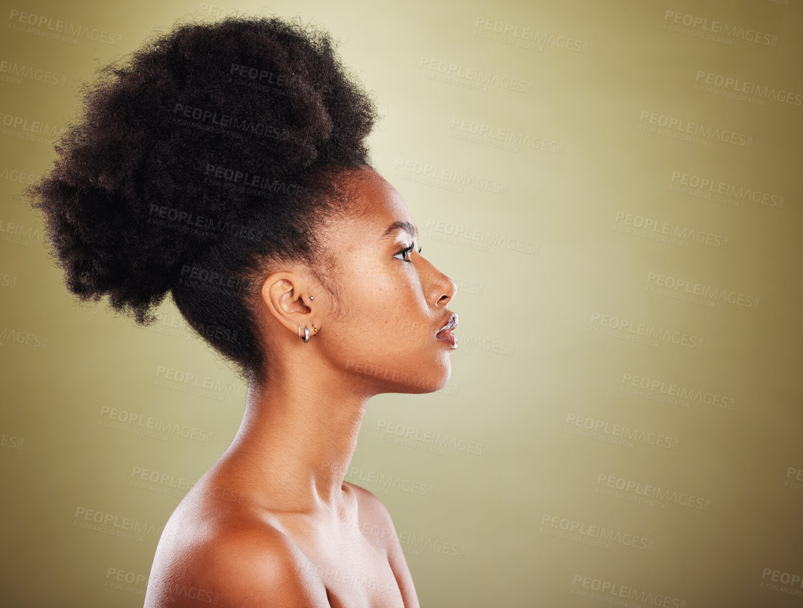 Buy stock photo Black woman, hair and profile in studio for beauty, hair care and wellness with skin glow, shine and radiant. Natural african model, afro woman and cosmetic makeup on face by  studio background