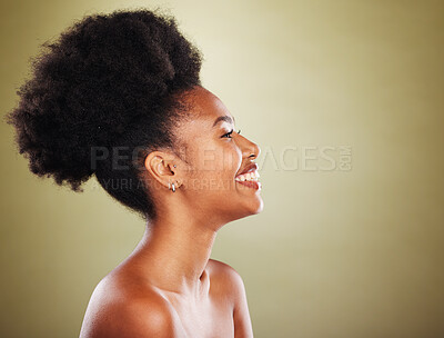 Buy stock photo Black woman, hair and afro in studio with smile, beauty and wellness with skin glow, shine or hair care. Natural african model, skincare woman and cosmetic makeup on face, happy and studio background