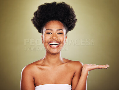 Buy stock photo Black woman, skincare and product mockup model for cosmetics beauty, natural skin glow and happy smile. Facial wellness, spa treatment and a product placement for marketing, advertising or promotion 