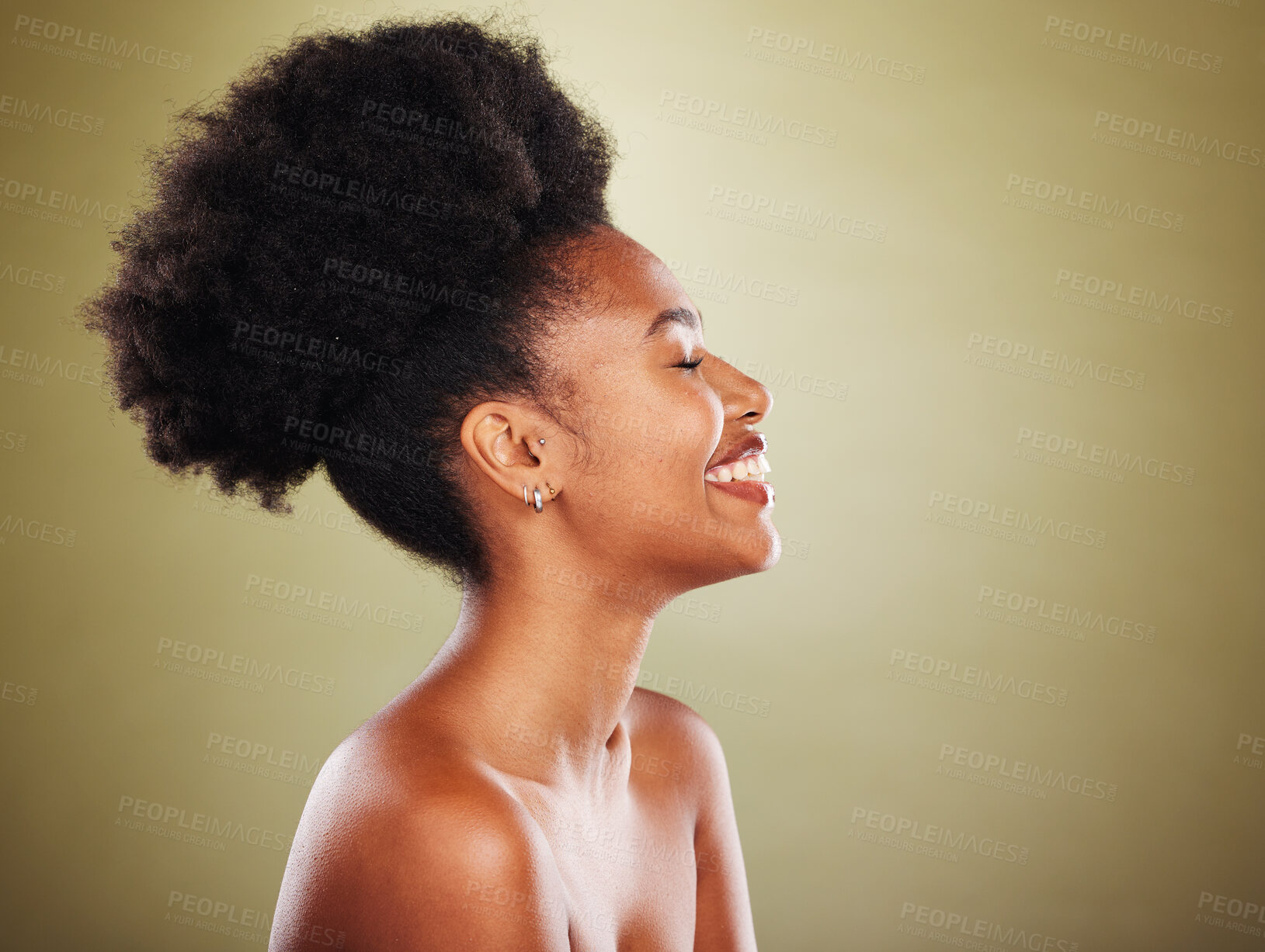 Buy stock photo Cosmetics, skincare and black woman with smile, wellness and natural beauty against green studio background. Makeup, healthy girl and confident female with organic facial, smooth skin and happiness.