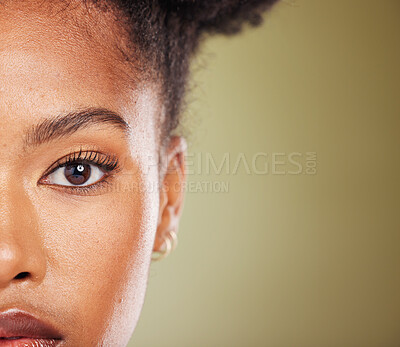 Buy stock photo Skincare, beauty and face of black woman in studio with cropped headshot for beauty products. Cosmetics, makeup and portrait of girl model for facial skincare products, luxury spa and body care