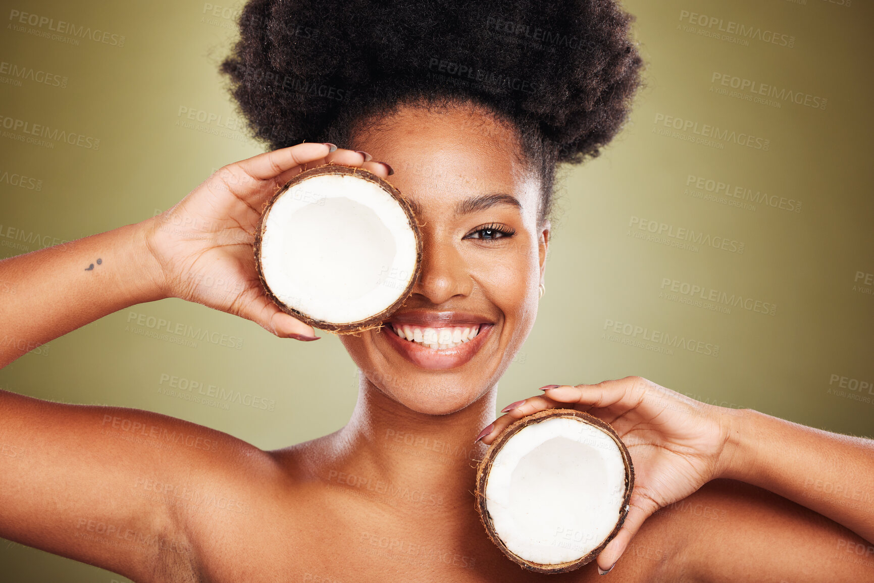 Buy stock photo Skincare, beauty and portrait of model with coconut for glowing skin hydration, body care or anti aging. Diy exfoliate, antioxidants and black woman face with fruit product for natural acne treatment
