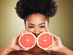 Skincare, black woman with grapefruit for natural beauty treatment, vitamin c and organic product portrait. Natural cosmetics, fresh and raw citrus for healthy skin and face care with facial mockup.
