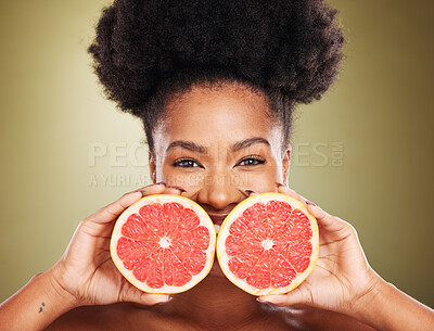 Buy stock photo Skincare, black woman with grapefruit for natural beauty treatment, vitamin c and organic product portrait. Natural cosmetics, fresh and raw citrus for healthy skin and face care with facial mockup.