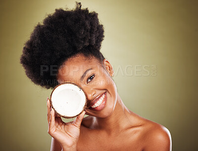 Buy stock photo Beauty, skincare and coconut with portrait of black woman for health, moisture and natural cosmetics. Spa, antioxidants and self care with girl model with clean, wellness and tropical nutrition