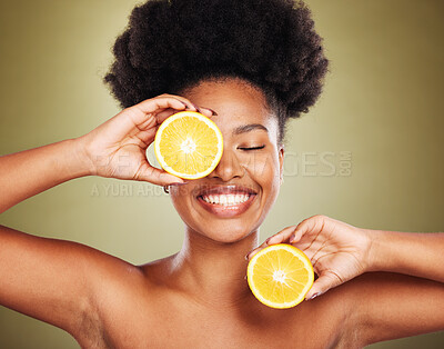 Buy stock photo Skincare, wellness and black woman with lemon in studio for organic, natural and healthy skincare products. Beauty, cosmetics and girl with fruit advertising vitamin c, minerals and fresh spa facial