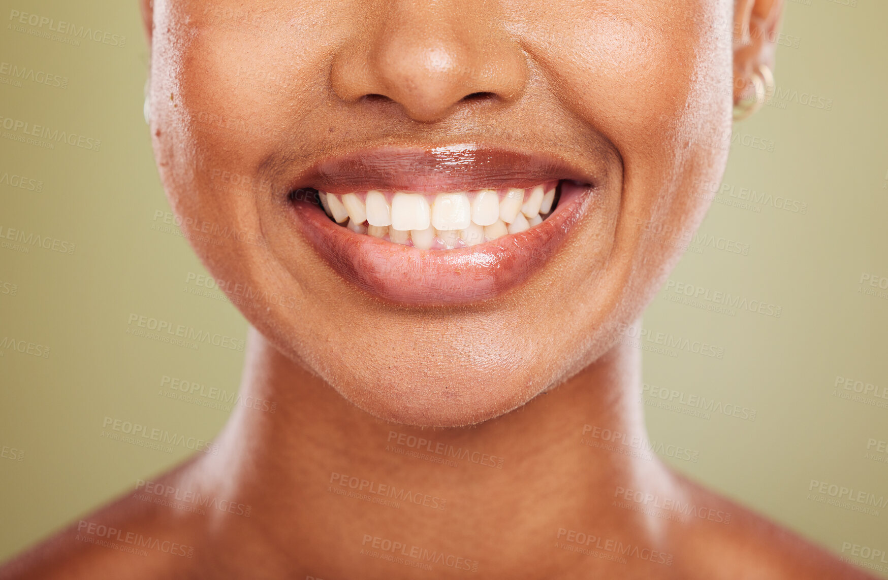 Buy stock photo Smile, teeth and mouth of black woman closeup on studio background for dental care or cosmetics. Health, wellness and happy woman with cleaning routine for oral wellbeing and healthy teeth whitening 