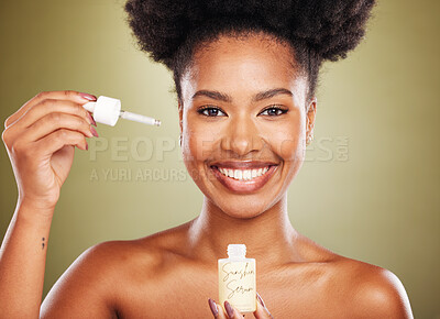 Buy stock photo Beauty, skincare and portrait of model with serum for healthy skin glow, anti aging or hydration. Collagen oil, spa product and aesthetic face of black woman with hyaluronic acid for facial treatment
