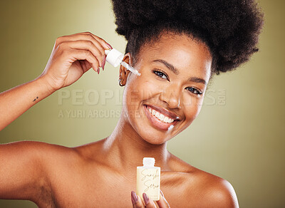 Buy stock photo Portrait of black woman, beauty and skincare serum oil product for cosmetics healthcare, skin wellness and collagen treatment. Luxury makeup, facial spa treatment and happy African lady with a smile 