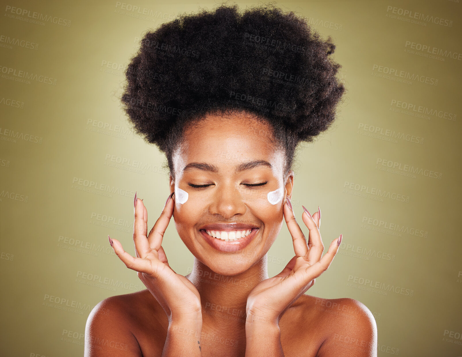 Buy stock photo Cream, face and skincare black woman in studio for beauty, skin glow and shine for wellness goals, results and benefits advertising. Happy african model with sunscreen product for dermatology facial