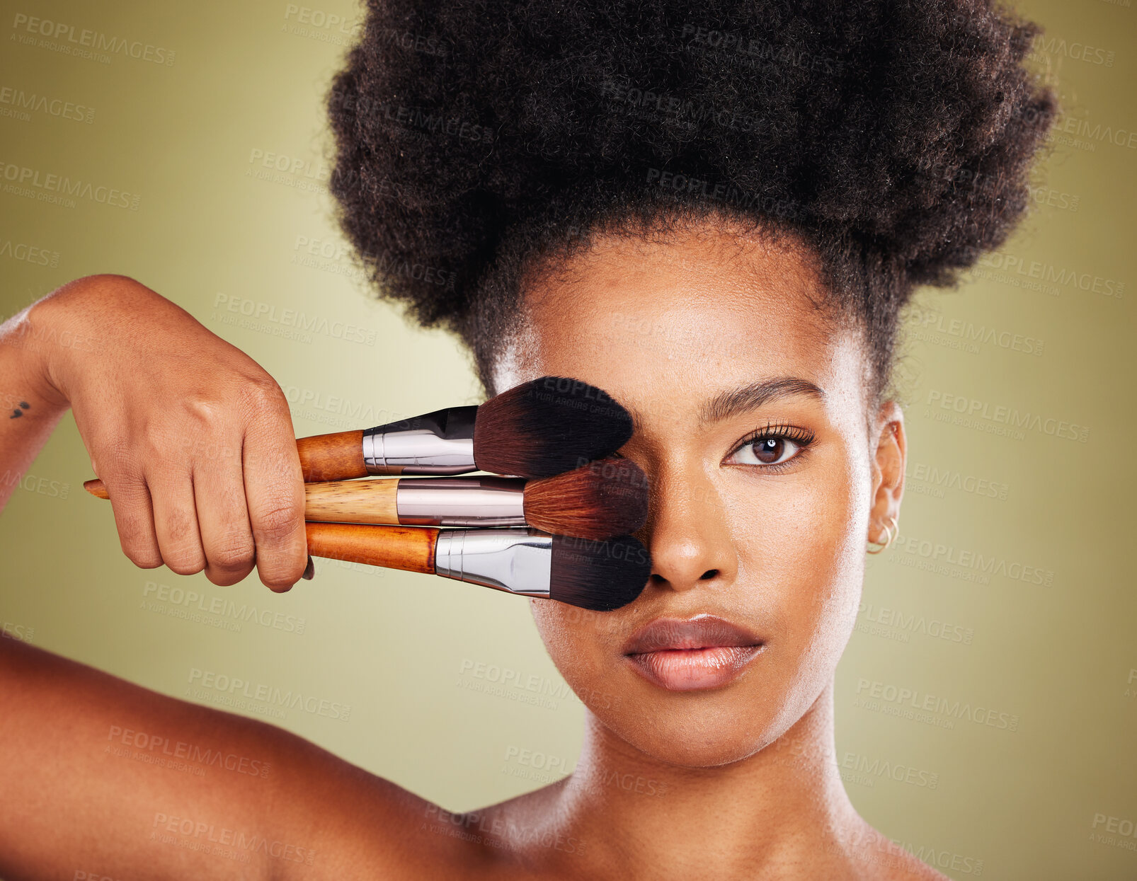 Buy stock photo Black woman, makeup brush and beauty in studio for skincare portrait, wellness and cosmetics by backdrop. African woman, model and face with cosmetic tools, hand and powder for skin by background