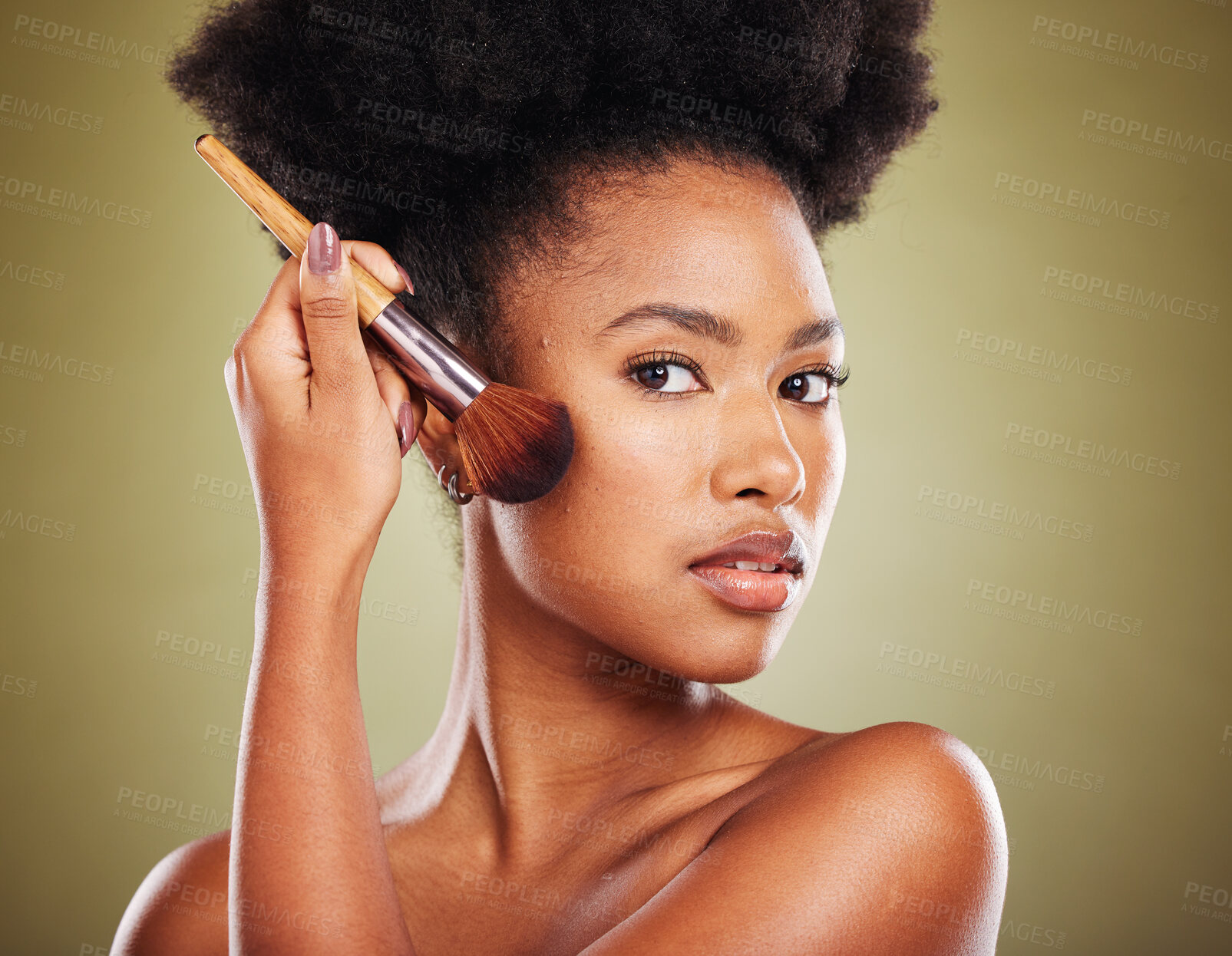 Buy stock photo Makeup brush, black woman and beauty, cosmetics and cheek powder, foundation and product for glow, shine and face on studio background. Portrait of young african model, beauty and facial application 