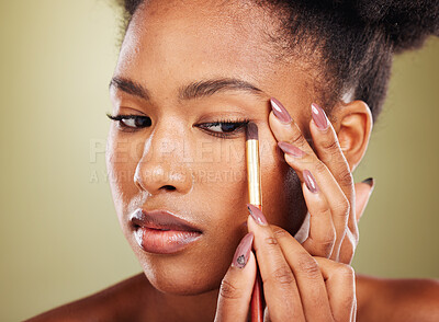 Buy stock photo Beauty, makeup and black woman with eyeshadow brush for eyes on studio background. Glamour, cosmetics and skincare, portrait of beautiful African woman model with luxury cosmetic application on face.