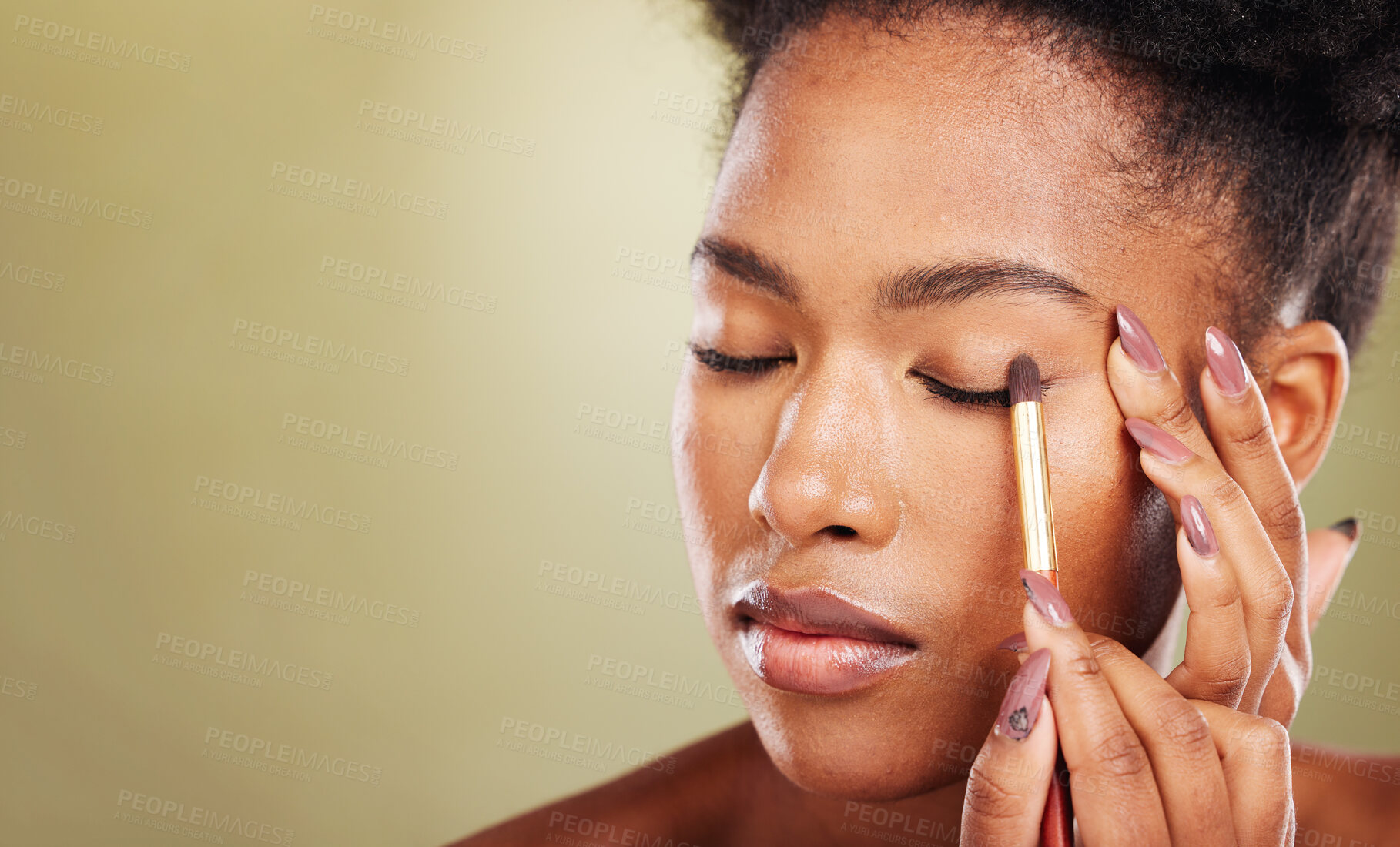 Buy stock photo Makeup tool, beauty and black woman with eyeshadow and face cosmetic closeup against studio background. Natural cosmetics glow, microblading and nails, eyes and facial brush with mockup.