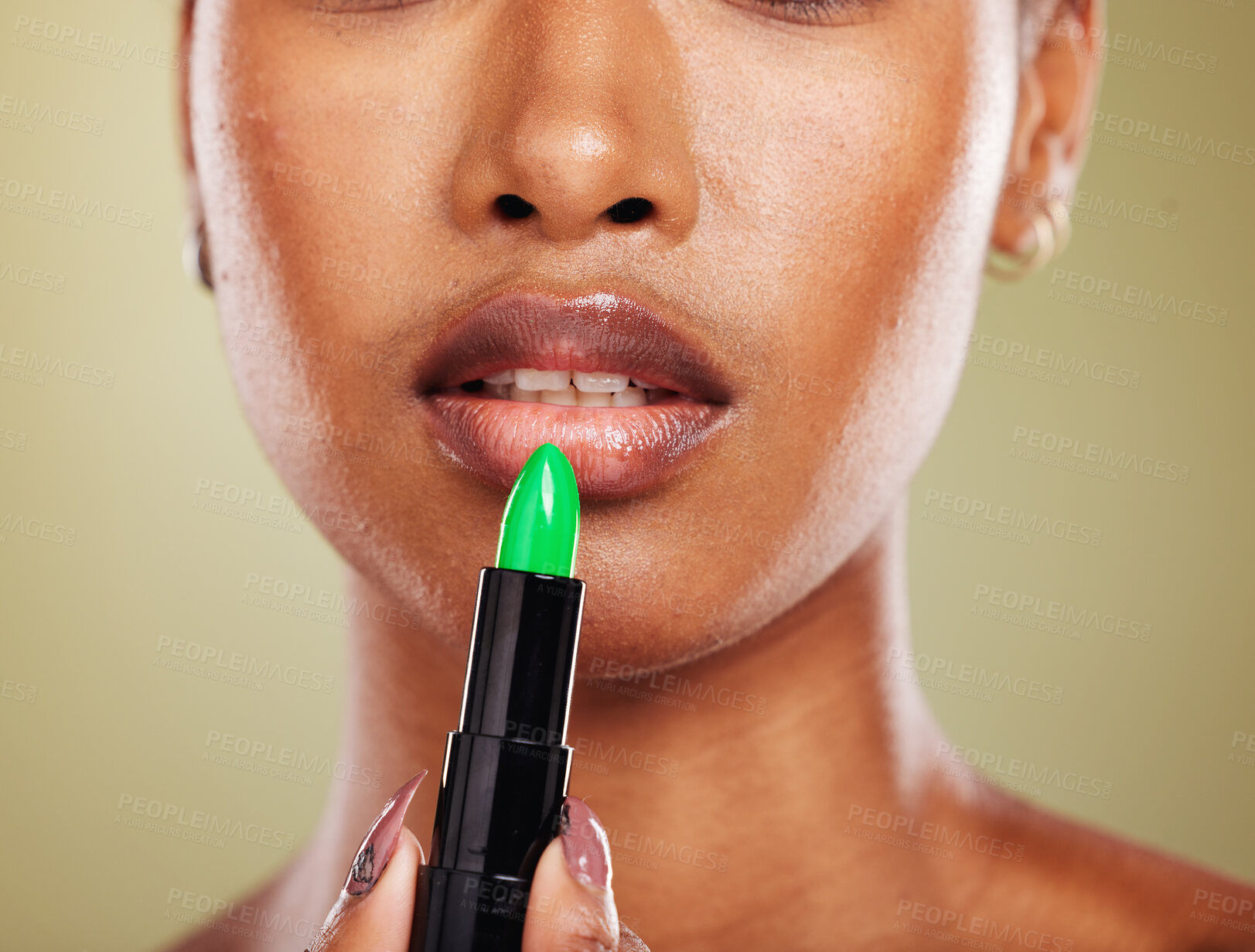 Buy stock photo Black woman, lipstick and mouth makeup, cosmetics and zoom in of lips, skincare and beauty in studio background.   Advertising, skin or female model with lip gloss, makeup cosmetic and color product