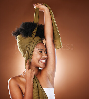 Buy stock photo Black woman, afro hair and scarf for fashion, in studio and trendy clothes, african culture or heritage. Happy young black girl model, curly hairstyle and head wrap for beauty, confidence and glamour