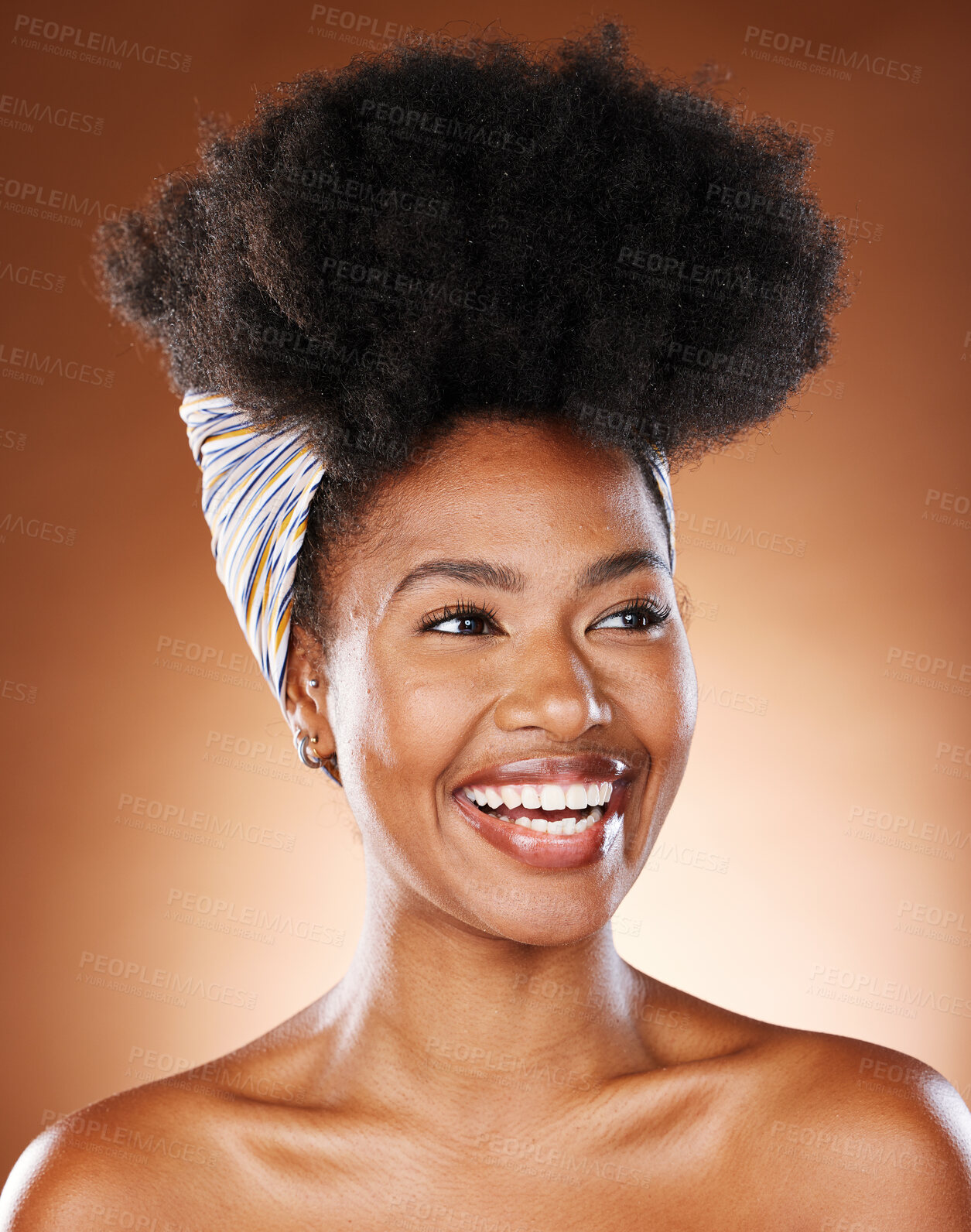 Buy stock photo Black woman, afro hair and skincare glow on studio background with hair care maintenance, silk head scarf or dermatology wellness. Smile, happy or beauty model with natural hair and makeup cosmetics