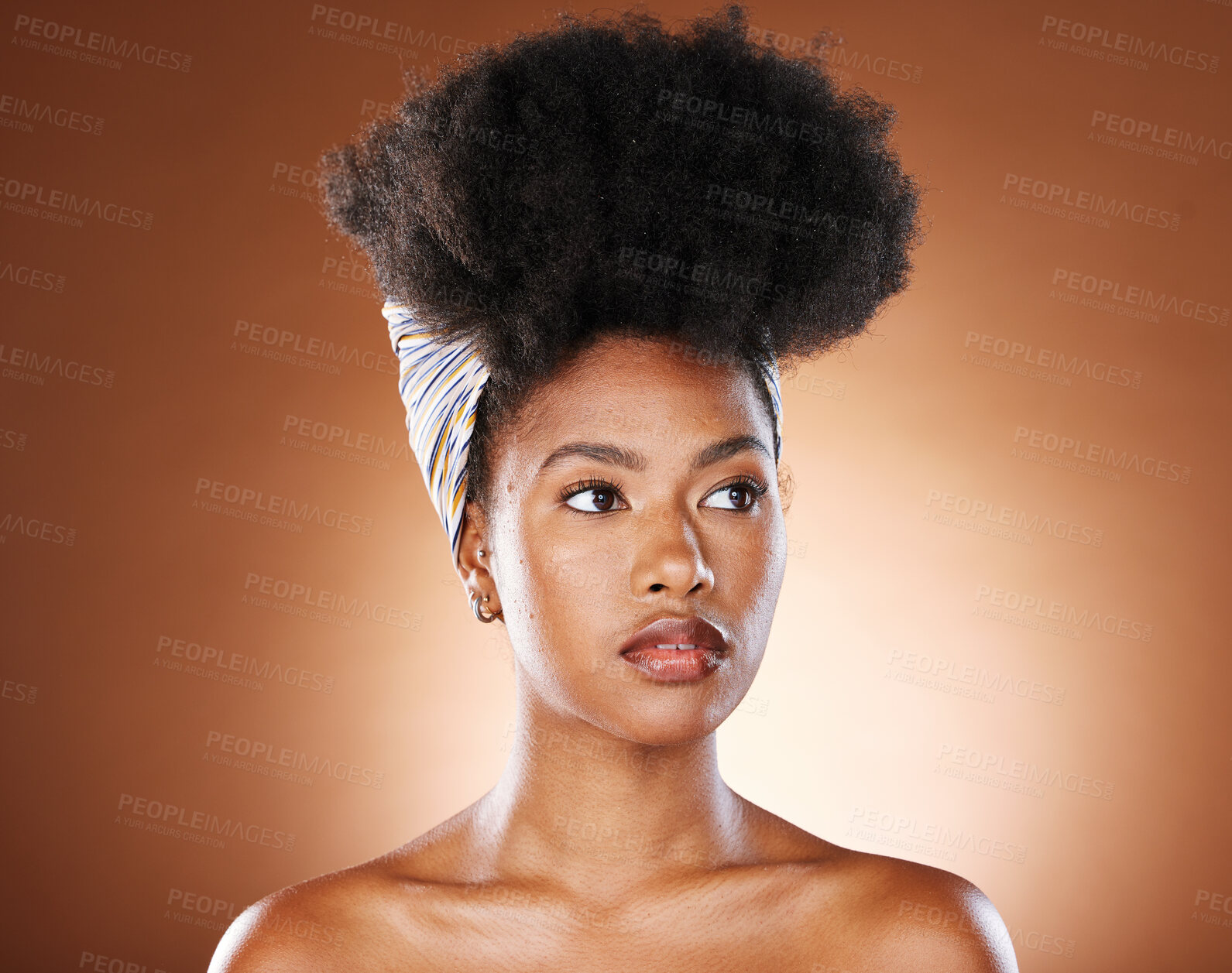 Buy stock photo Beauty, hair and afro with black woman and scarf for fashion, luxury and skincare wellness. Makeup, cosmetic and curly hair with girl model for self love, confidence and African in studio background