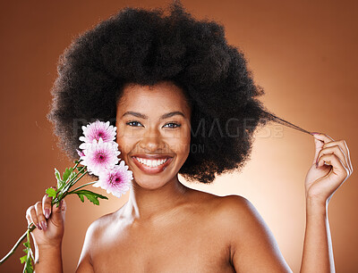 Buy stock photo Black woman, flowers and natural beauty, afro hair and glowing skincare, organic makeup or eco dermatology on studio background. Portrait happy african model, curly hair and pink daisy blossom plants