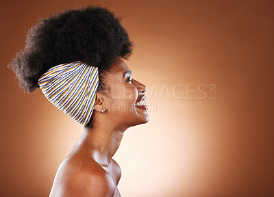 Buy stock photo Natural hair, black woman and skincare, beauty and hair care profile with natural cosmetics advertising studio background. Hairstyle, makeup and healthy skin, afro and shine with cosmetic mockup.