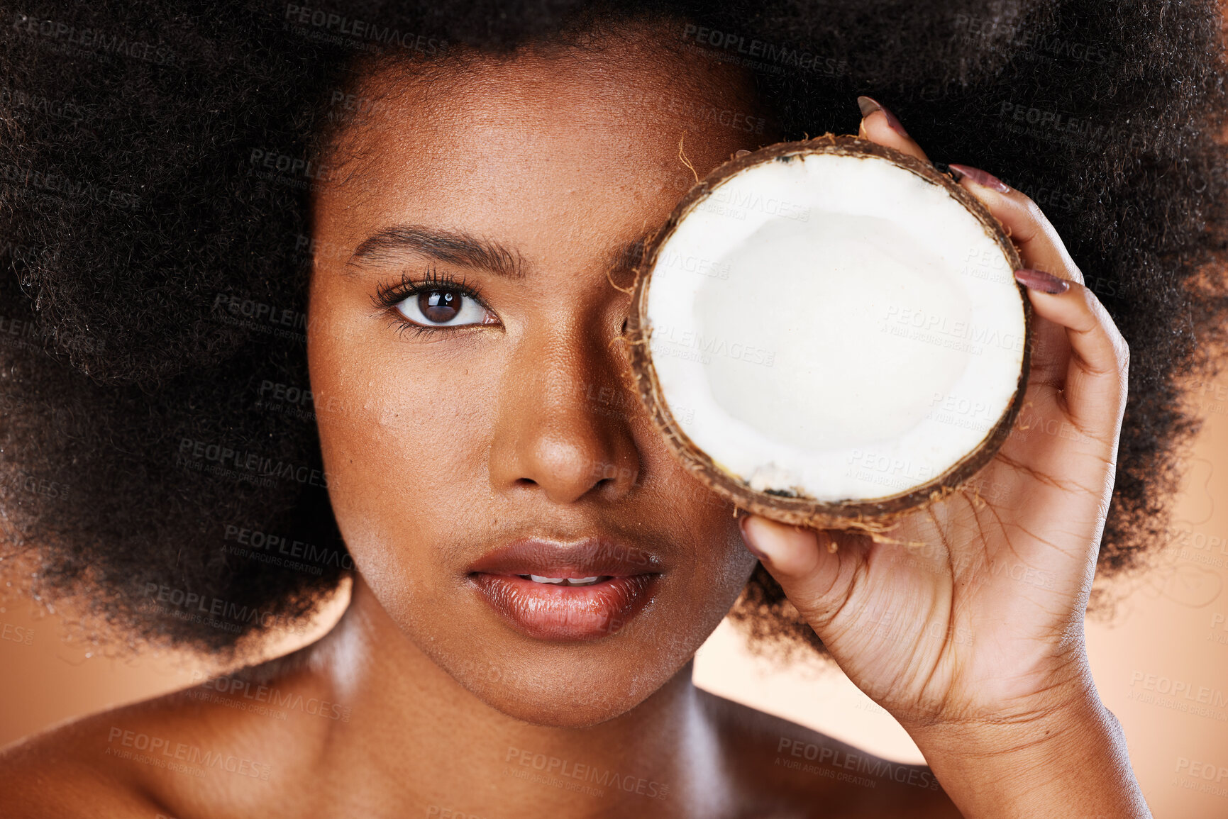 Buy stock photo Beauty, skincare and black woman with coconut for a cosmetic healthcare product, healthy skin treatment and natural wellness. Organic health portrait, clean diet and self care nutrition studio mockup