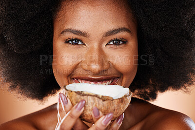Buy stock photo Beauty, skincare and portrait of girl with coconut for antioxidants, facial treatment or anti aging. Hydration skin glow, body care and face of black woman with fruit product for natural healthcare