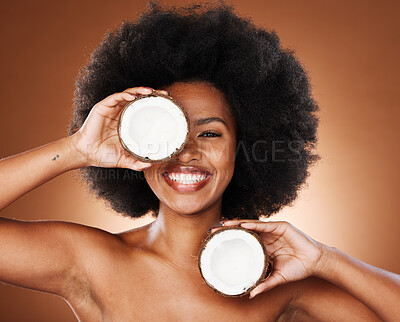 Buy stock photo Coconut, studio and black woman natural face, skincare and hair promotion with mockup for healthy food or product marketing. African model portrait with facial cream coconut oil for health benefits