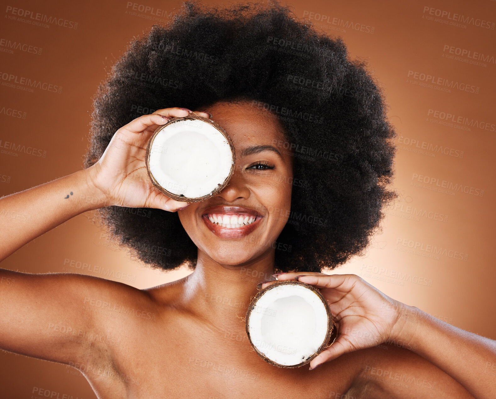 Buy stock photo Coconut, studio and black woman natural face, skincare and hair promotion with mockup for healthy food or product marketing. African model portrait with facial cream coconut oil for health benefits