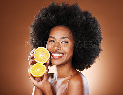 Buy stock photo Skincare, beauty and portrait of model with lemon for wellness, organic facial treatment or natural vitamin c detox. Citrus fruit product, self care routine and face of black woman with glowing skin