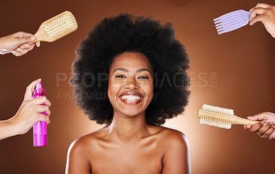 Buy stock photo Portrait, hair care and black woman with smile, hair products and happy for styling, joy and confident on brown studio background. African American female, afro and scalp massage for growth and care 