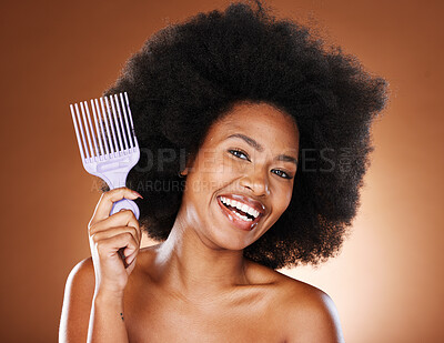 Buy stock photo Beauty, hair and afro and black woman and comb for self care, natural and freedom. Happy, smile and untangling with portrait of African girl model and curly hair for luxury and confidence